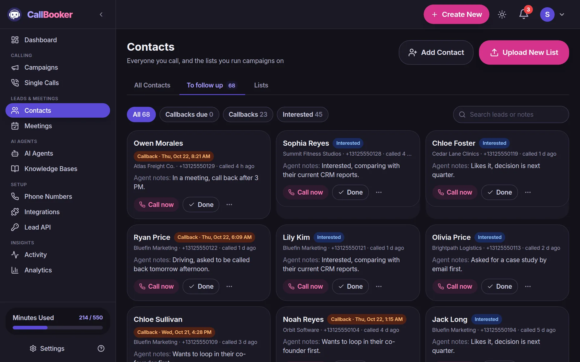 CallBooker Follow-ups: Interested leads and callbacks the AI didn’t book, with its notes from the call. One click to call back.
